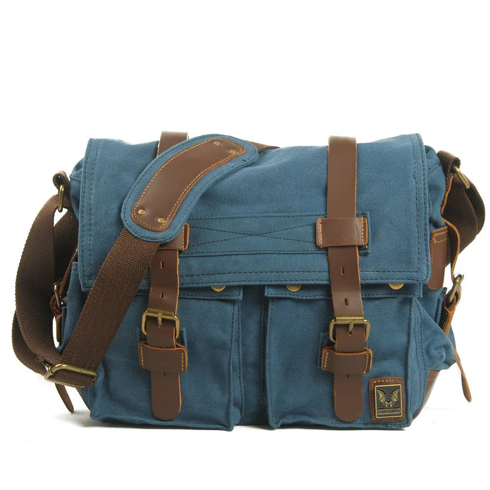 Men's canvas crossbody shoulder bag with cowhide trim in horizontal square shape