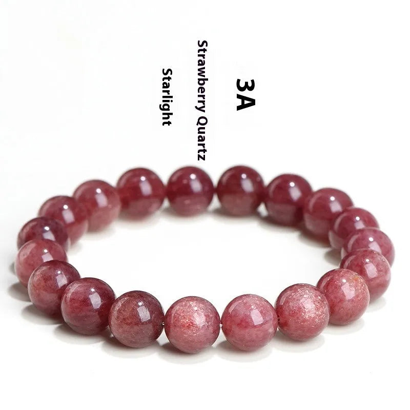 Natural strawberry quartz bracelet with geometric red crystal beads in three size options from 7mm to 10.8mm diameter