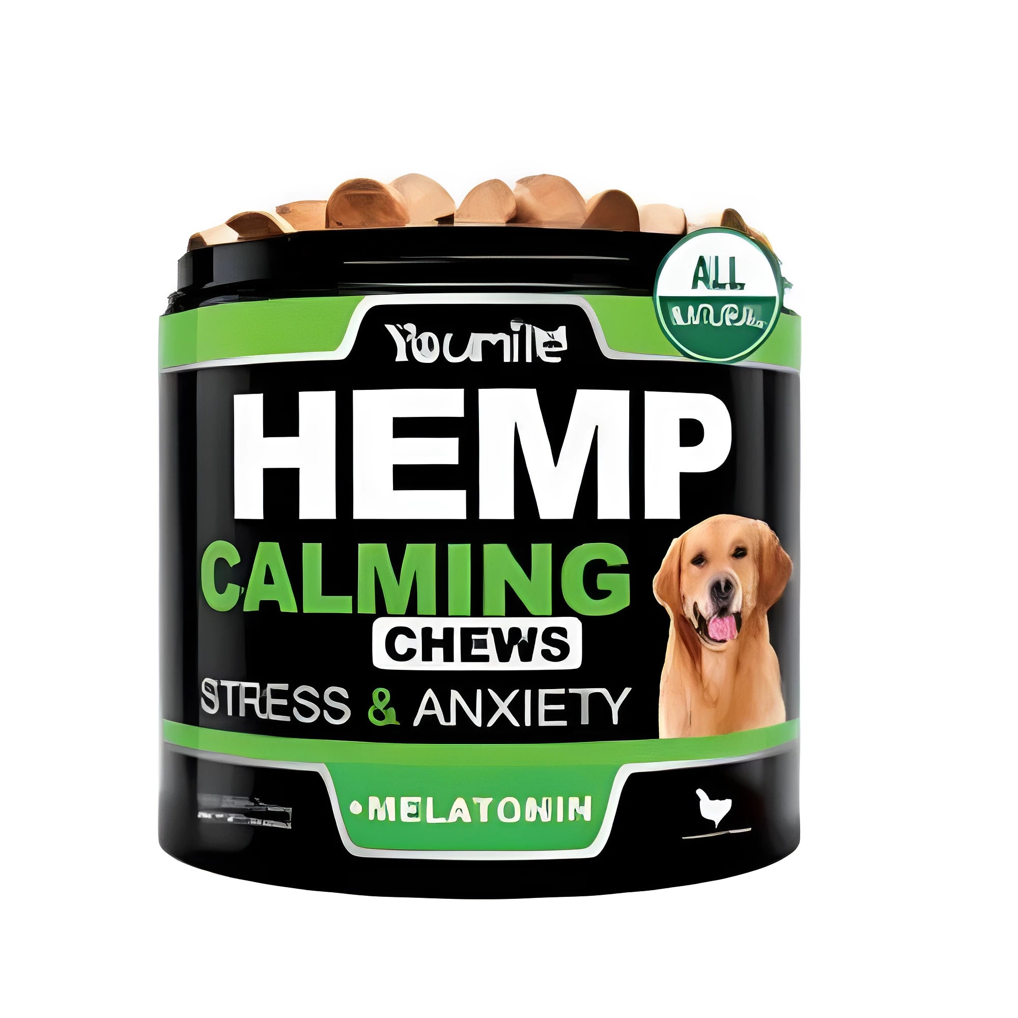 Calm Down And Chew anxiety relief supplement bottle with 120 chewable capsules for stress support