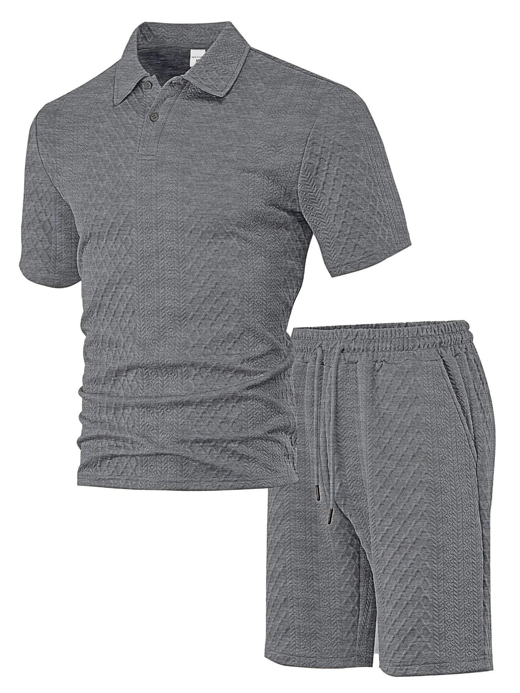 Men's figured cloth casual suit set with short sleeve polo shirt and matching trousers in multiple colour options