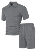Men's figured cloth casual suit set with short sleeve polo shirt and matching trousers in multiple colour options