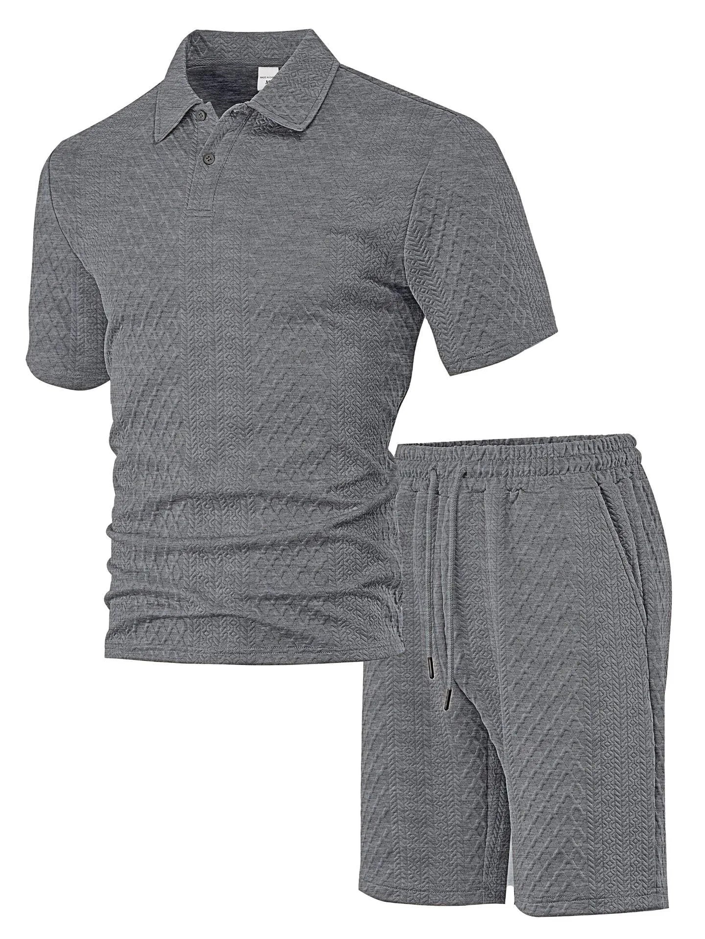 Men's figured cloth casual suit set with short sleeve polo shirt and matching trousers in multiple colour options