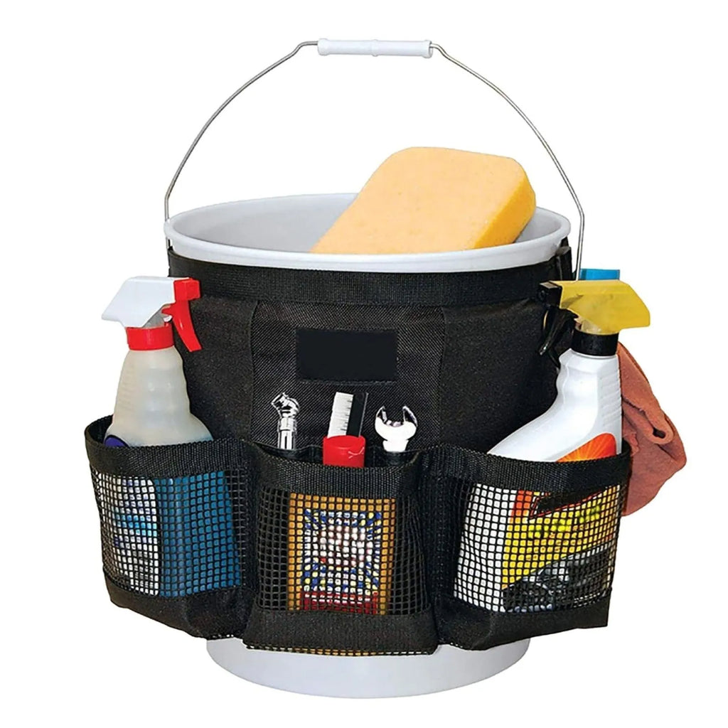 Black cylindrical polyester hanging storage bag on a 5 gallon drum