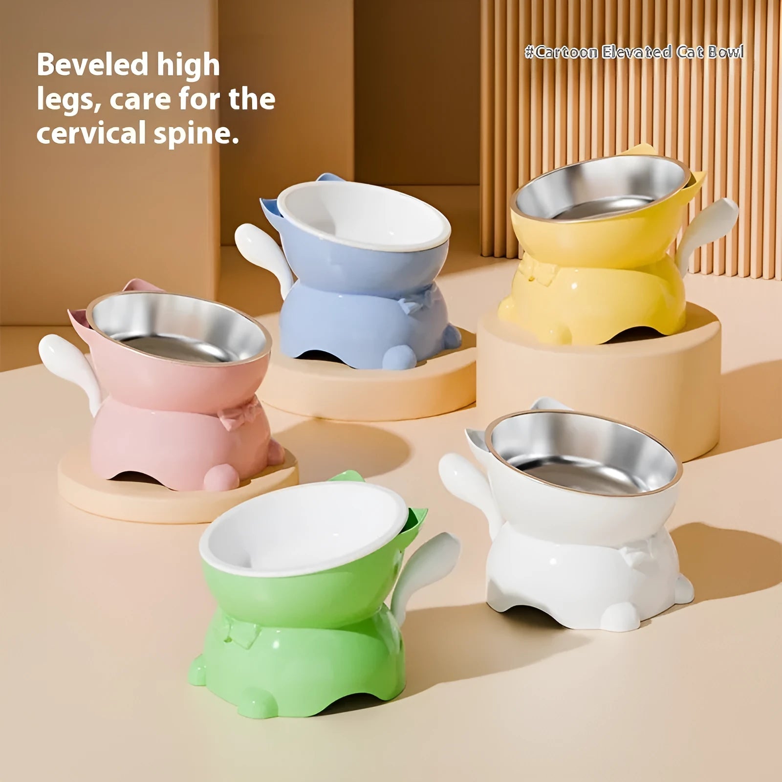 Stainless steel oblique cat bowl in blue colour with anti-fall design.