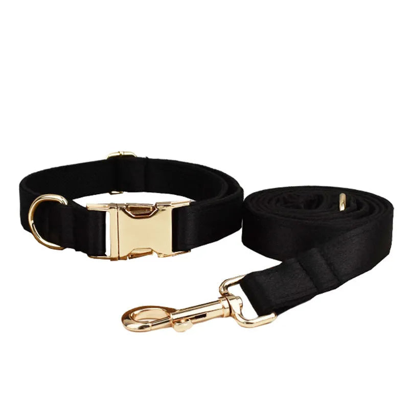 Complete dog walking set showing a cloth collar, matching leash, lightweight vest, and decorative bow for pets.
