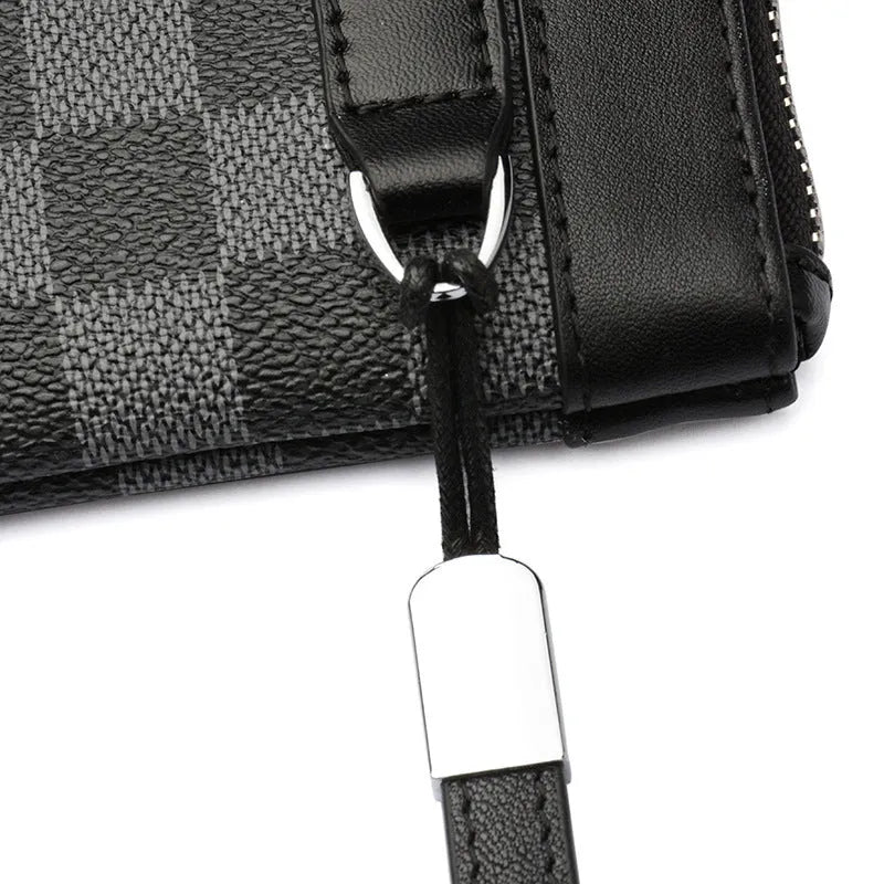 Men's black genuine leather clutch wallet showing 20 by 10 cm dimensions.