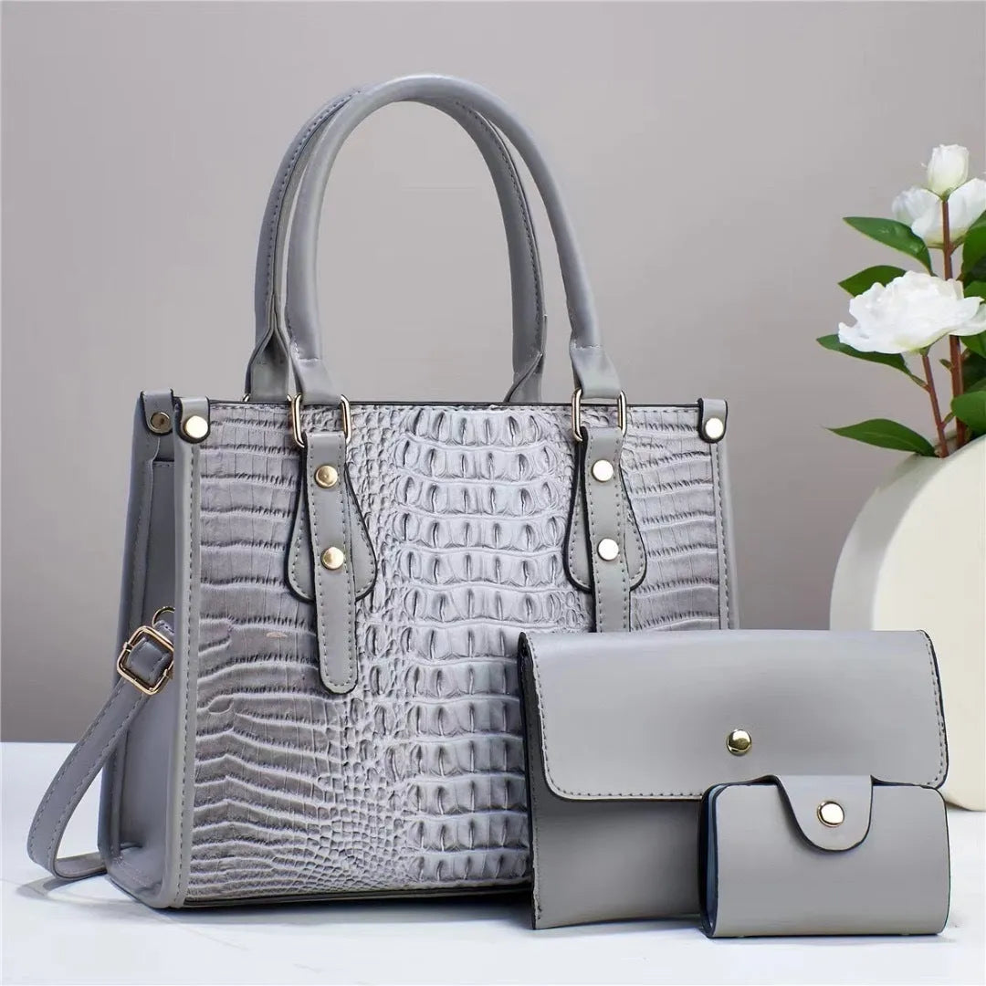 Contrast colour minimalist three-piece bucket bag set with wallet and card holder in PU leather.