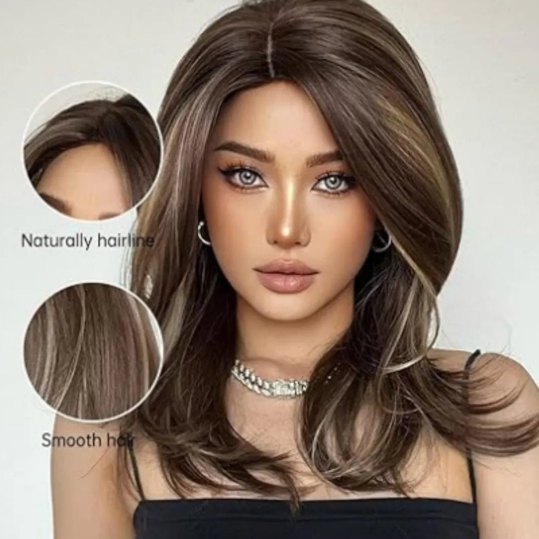 Mid-length platinum gradient curly wig with long bangs in white gold colour