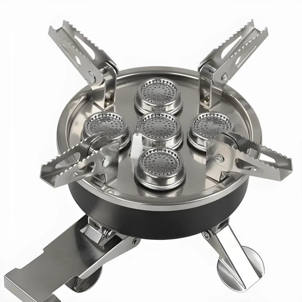Silver portable split camping stove with extended hose shown folded and unfolded for outdoor cooking