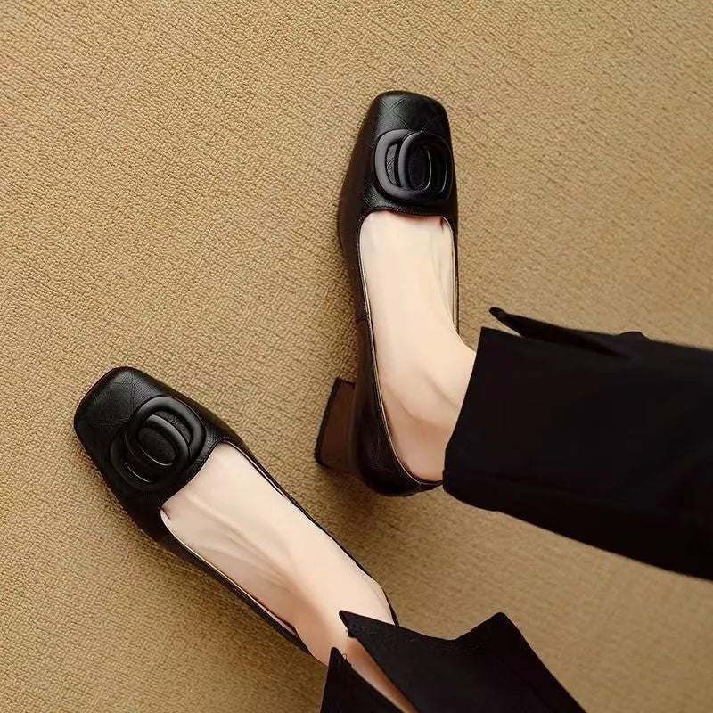 Women's sheepskin shallow mouth flat bottom chunky heel pumps in black and light brown, square toe