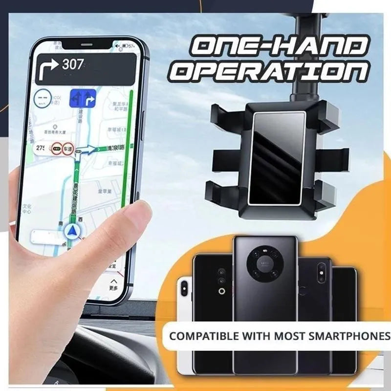 Black rearview mirror phone holder for car showing 360° rotation and retractable arm