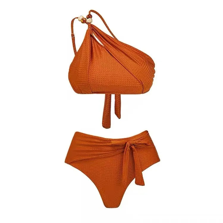 Brown high-waist push-up bikini set with chiffon dress cover-up for women