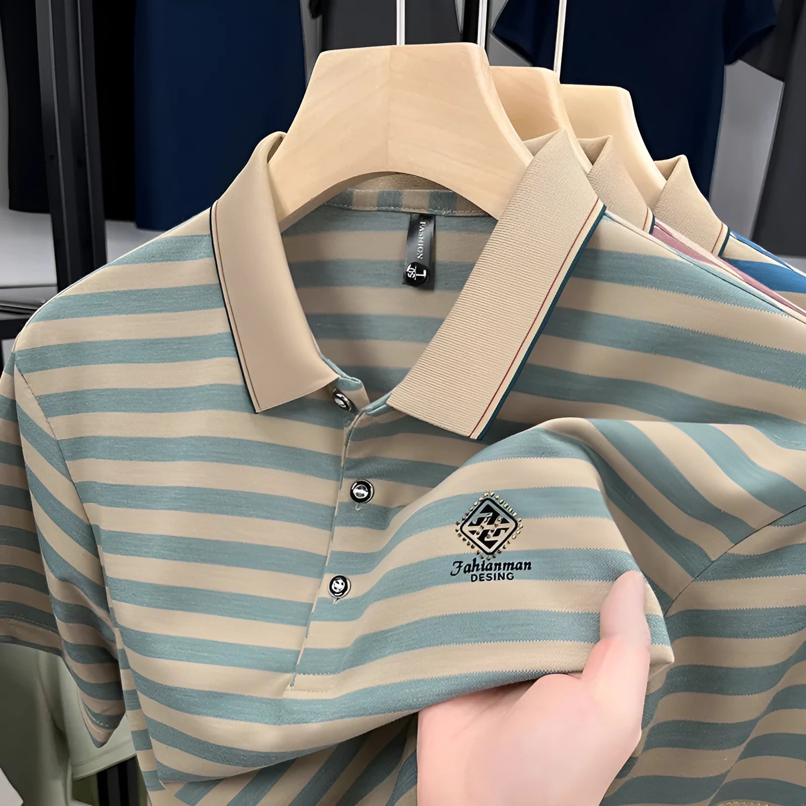 Men's striped short sleeve shirt with mosaic pattern in polyester fabric