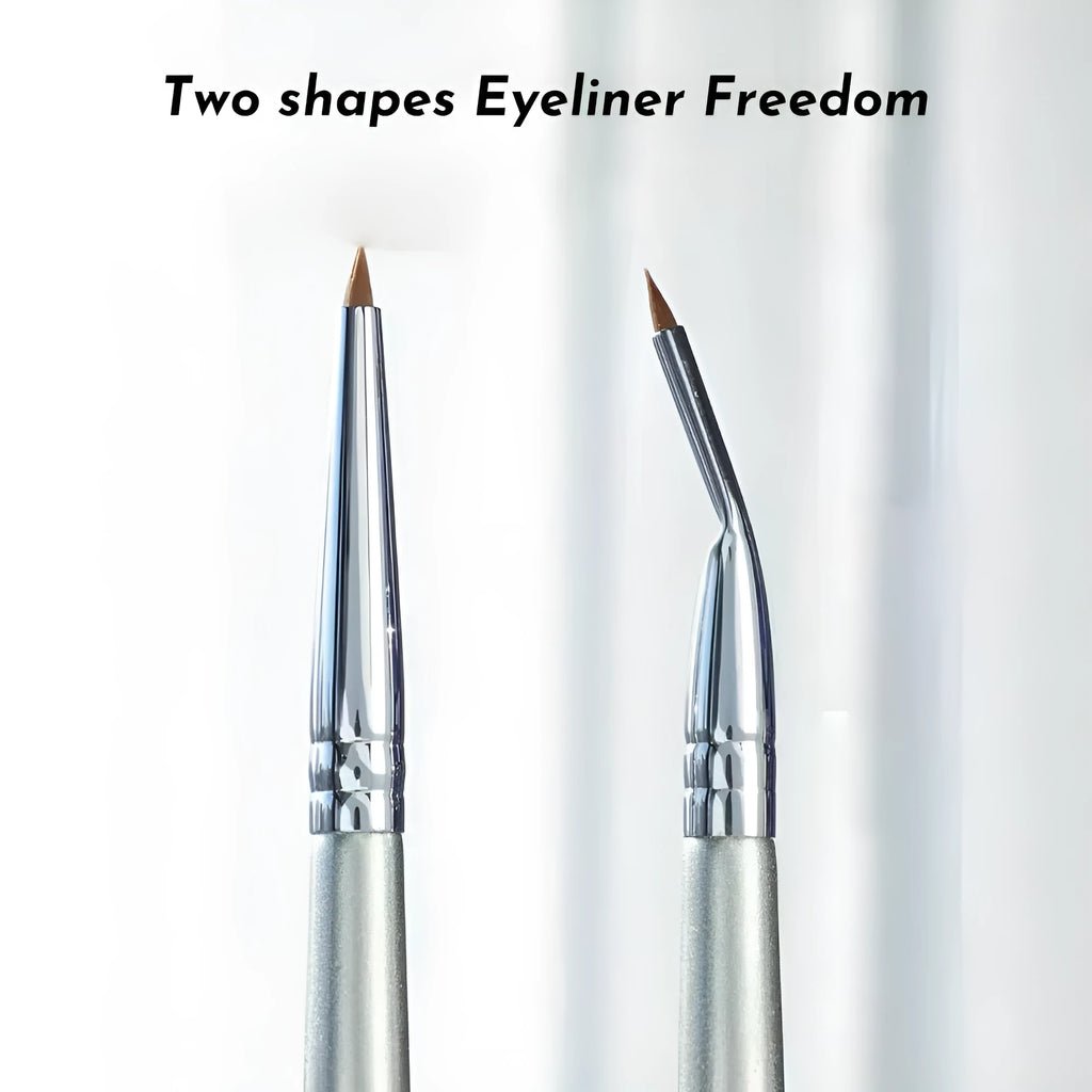 Angle view of a bend head fine tip eyeliner makeup brush for detailed eye application.
