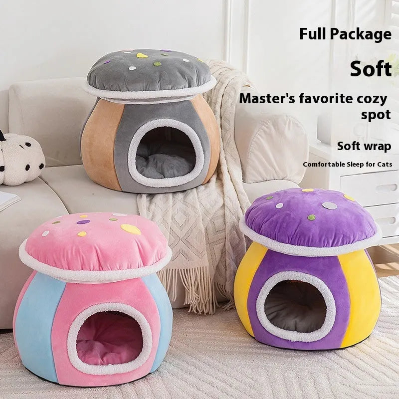 Grey mushroom-shaped plush cat bed with a detachable design and included blanket.
