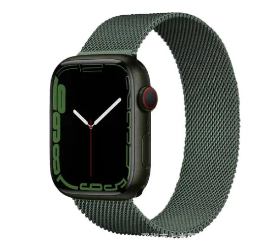 Stainless steel Apple Watch strap with buckle on a 42mm watch case in silver finish