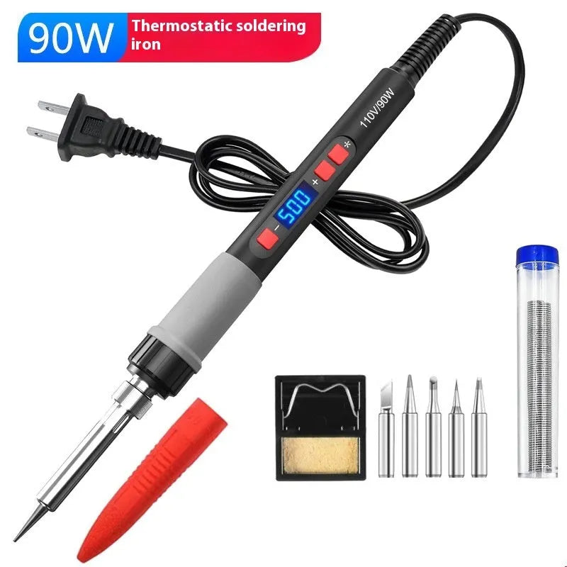 Gray 90W electric soldering iron with temperature display and five interchangeable tips