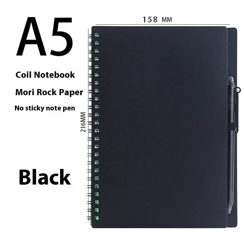 Erasable spiral notebook with stone paper in choice of cover colours, featuring optional pockets or sticky notes