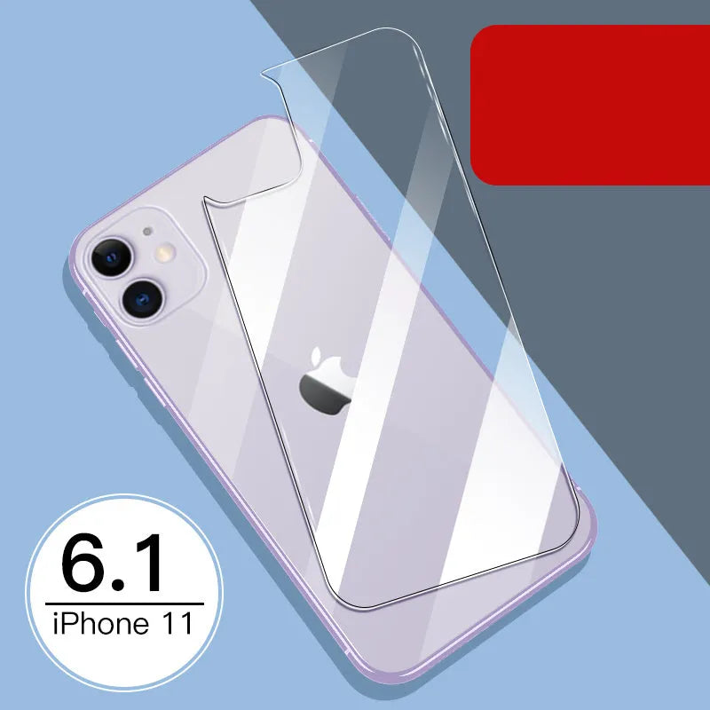 Tempered glass screen and rear camera protectors for Apple iPhone models on a white background.
