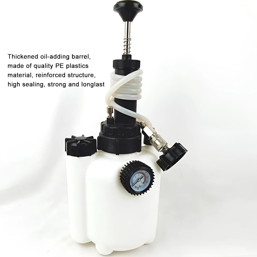 White plastic 3-litre brake fluid tank tool with copper and iron fittings for automotive service.