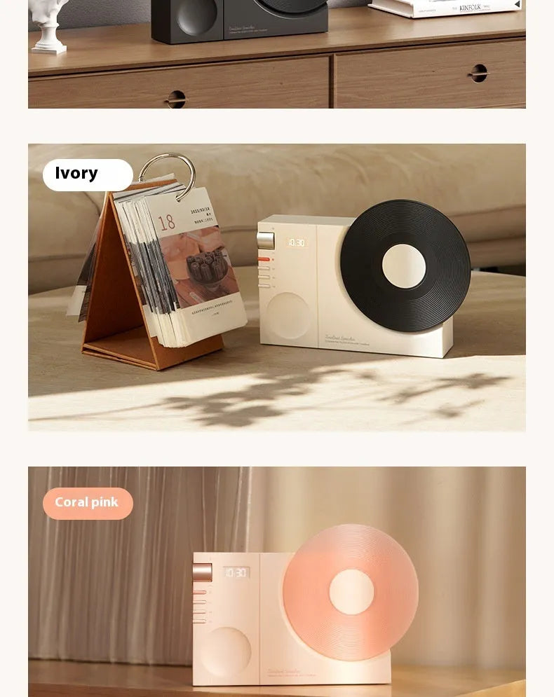Mini portable Bluetooth speaker in Obsidian Black, Ivory White, Coral Pink, or Plum Green with USB charging port