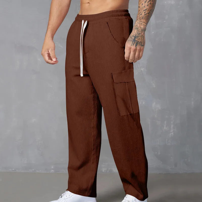 Men's corduroy cargo trousers in wide-leg straight fit with drawstring waist in multiple colour options