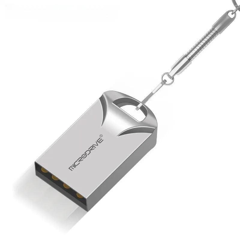Compact black and silver metal USB flash drive on a white background showing its small size.