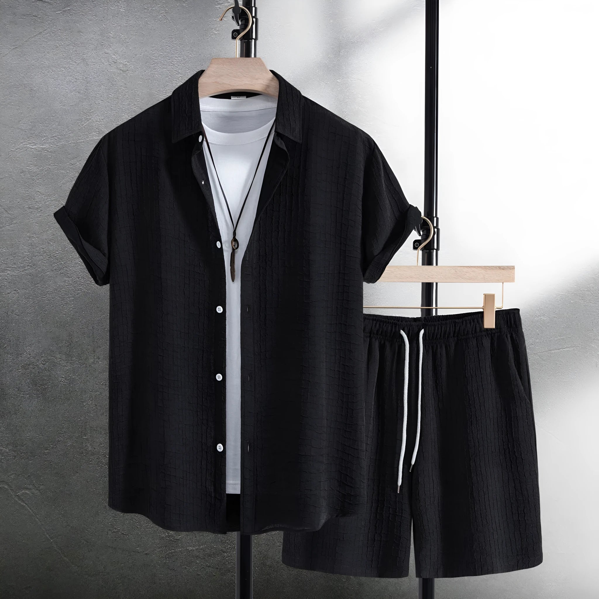 Men's black cotton blend jacquard short sleeve shirt and matching shorts casual suit