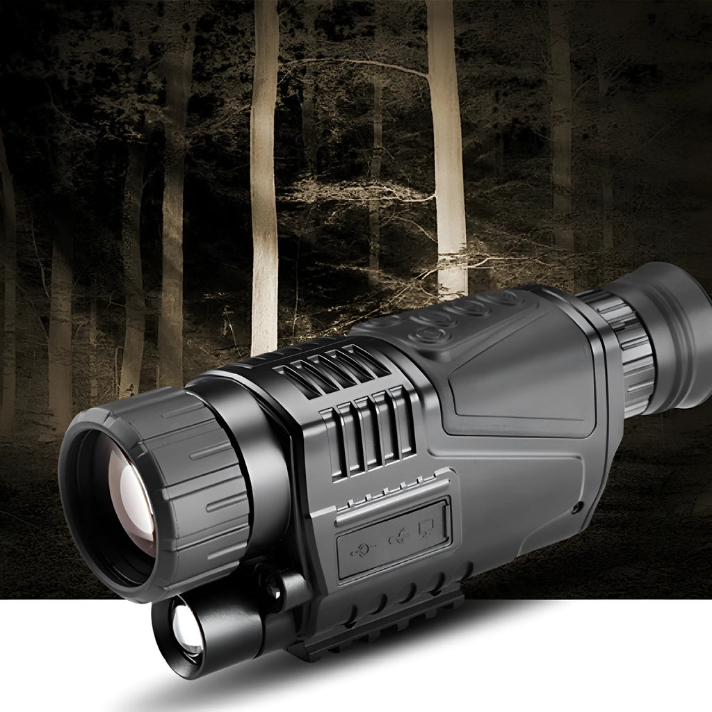 Compact black infrared digital night vision telescope with 40mm lens on a table with its storage bag and cables.
