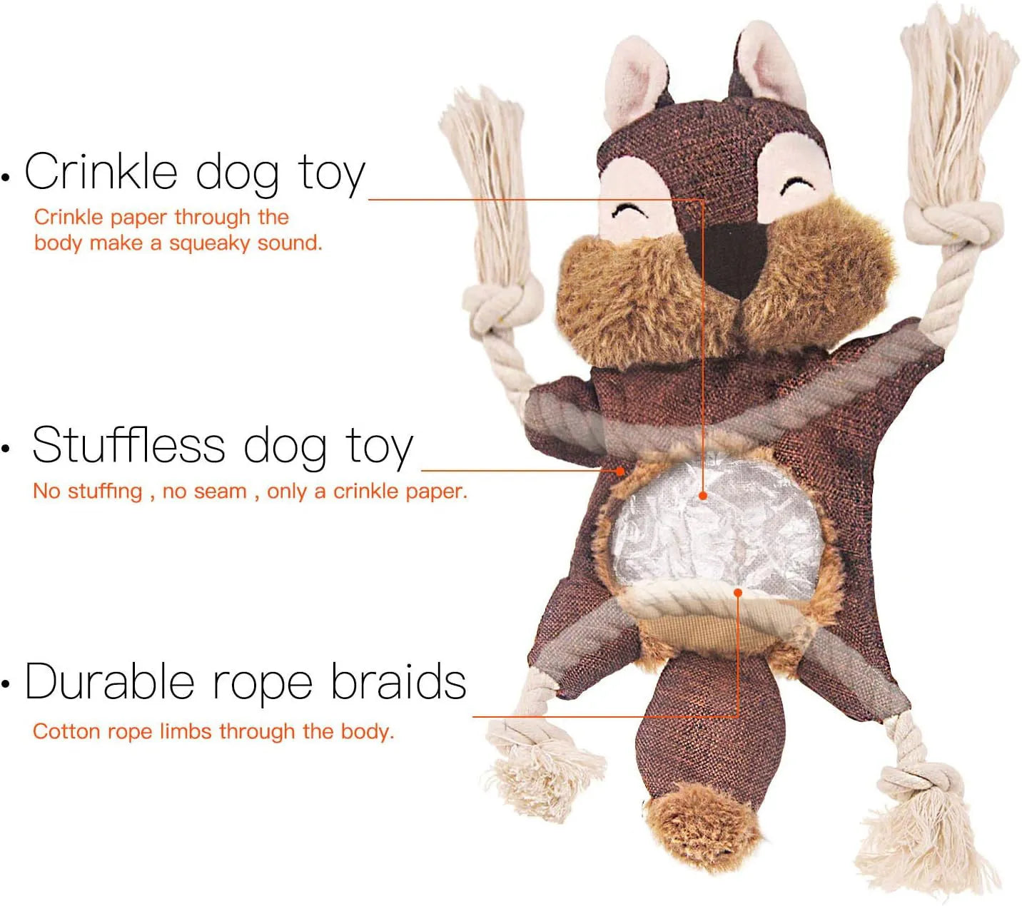 Brown fox-shaped dog toy with squeaker in head, crinkle paper body, and rope arms and legs