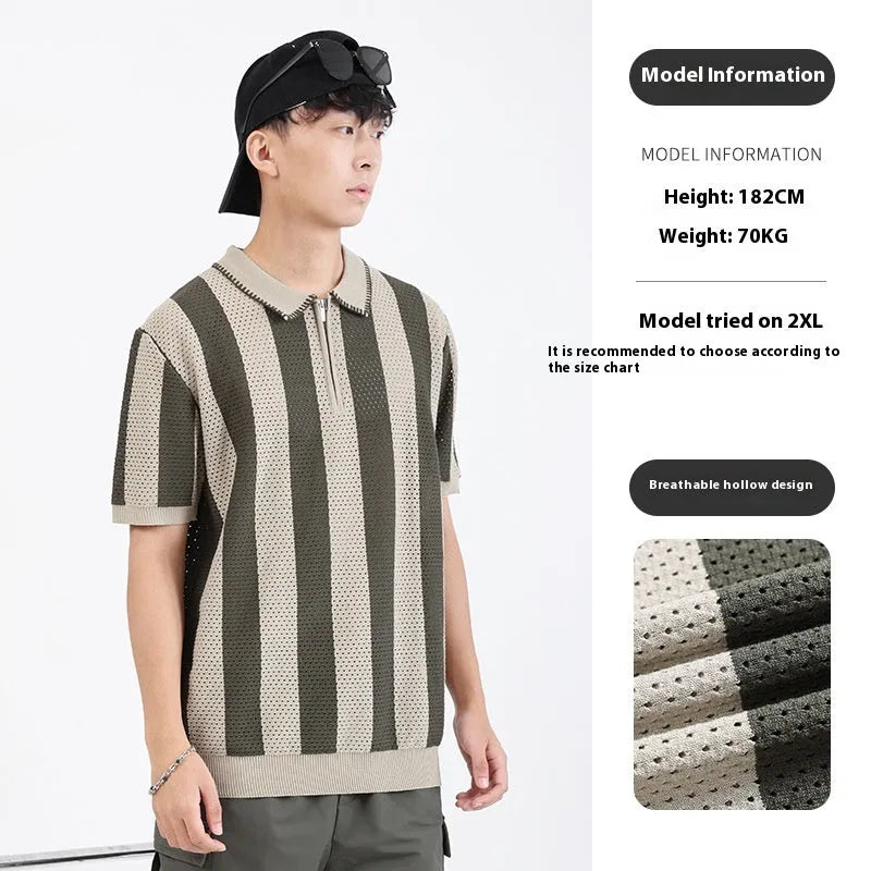 Men's striped short sleeve ice silk viscose sweater with zipper decoration