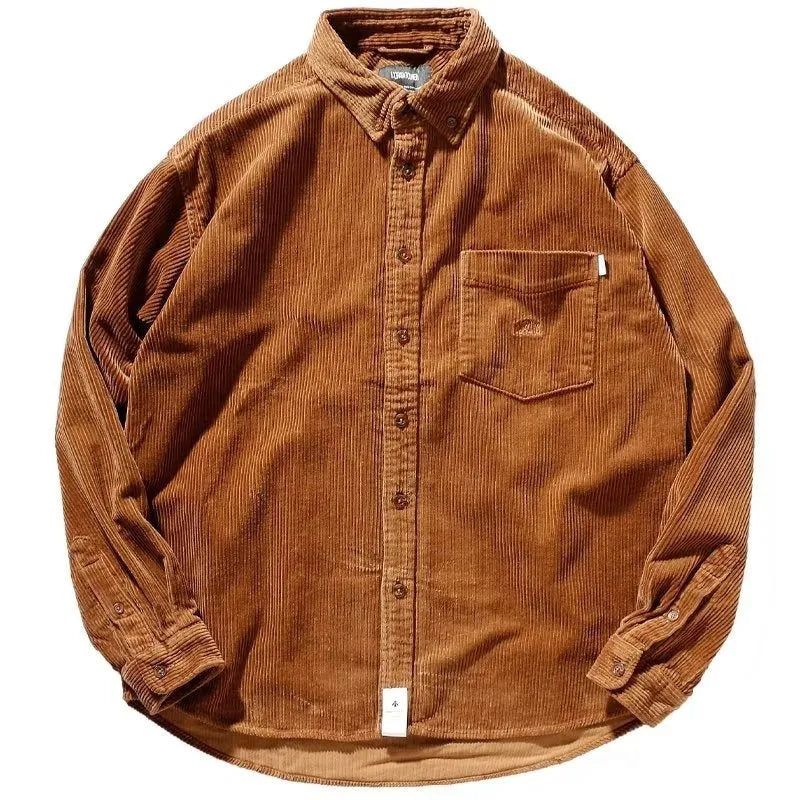 Long sleeve corduroy shirt in loose Japanese Hong Kong streetwear cardigan style