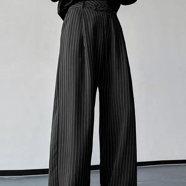 Men's black vertical striped pleated casual trousers with high elasticity fabric