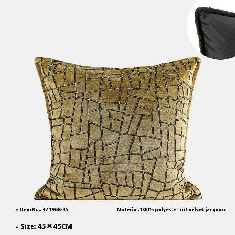 Tuhao Gold geometric abstract pillow cover in feather velvet texture on sofa