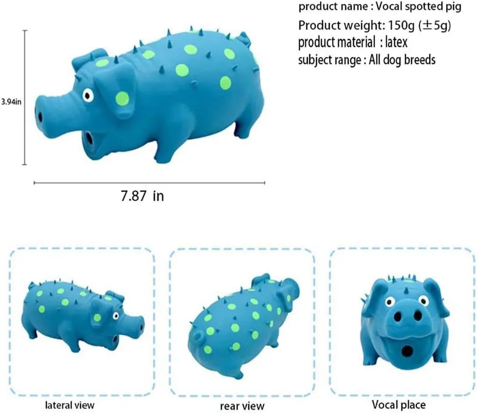 Pig-shaped latex dog chew toy with squeaker in various colours, 20cm long