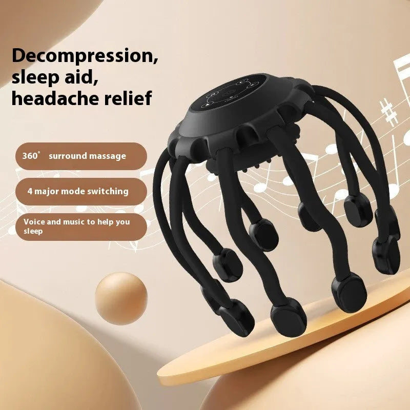 Black USB-powered head massager with multiple claws placed on a scalp