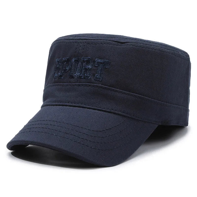 Men's flat-top cotton peaked cap in army green colour with adjustable strap.