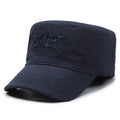 Men's flat-top cotton peaked cap in army green colour with adjustable strap.