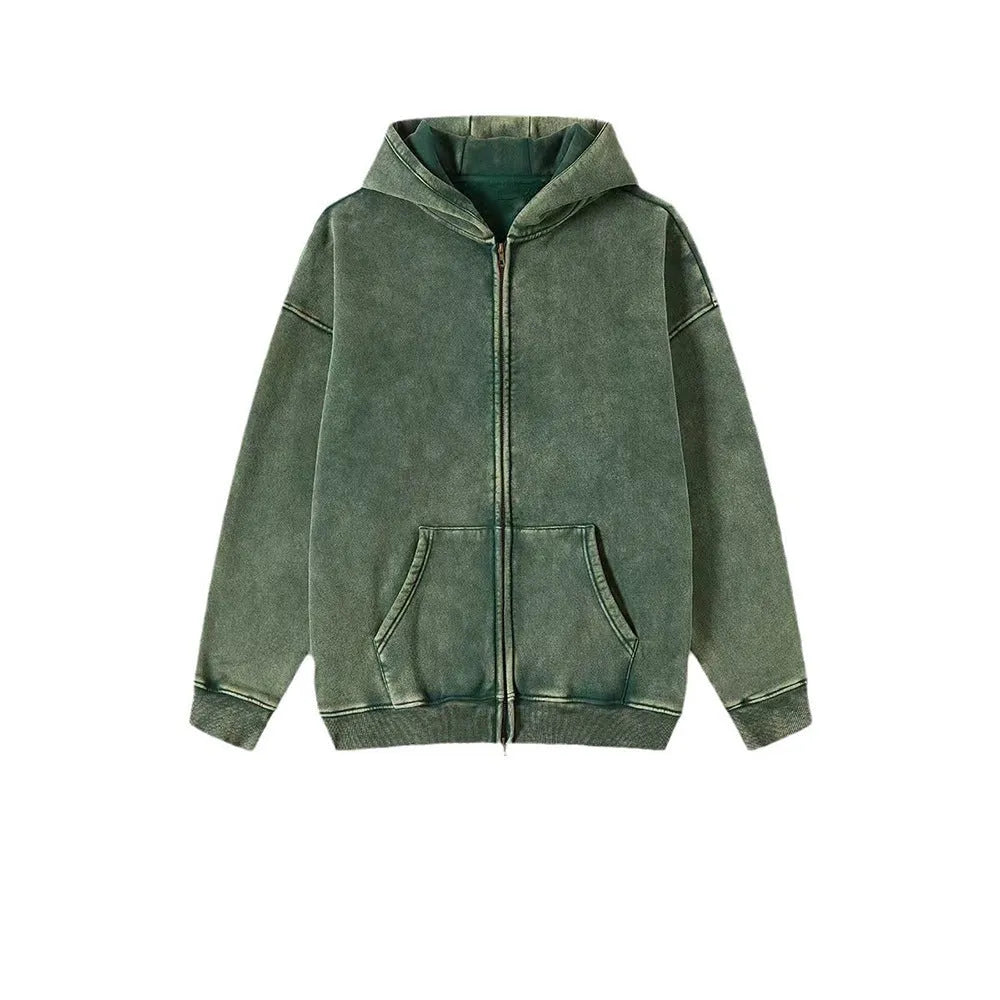 Men's vintage-style hooded cardigan sweater with a double zipper and fleece lining in a washed dark green colour.