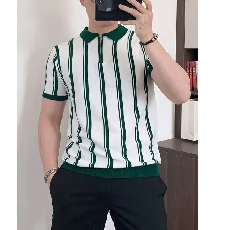 Korean style vintage stripe zipper half-sleeved casual t-shirt for men in loose fit black colour