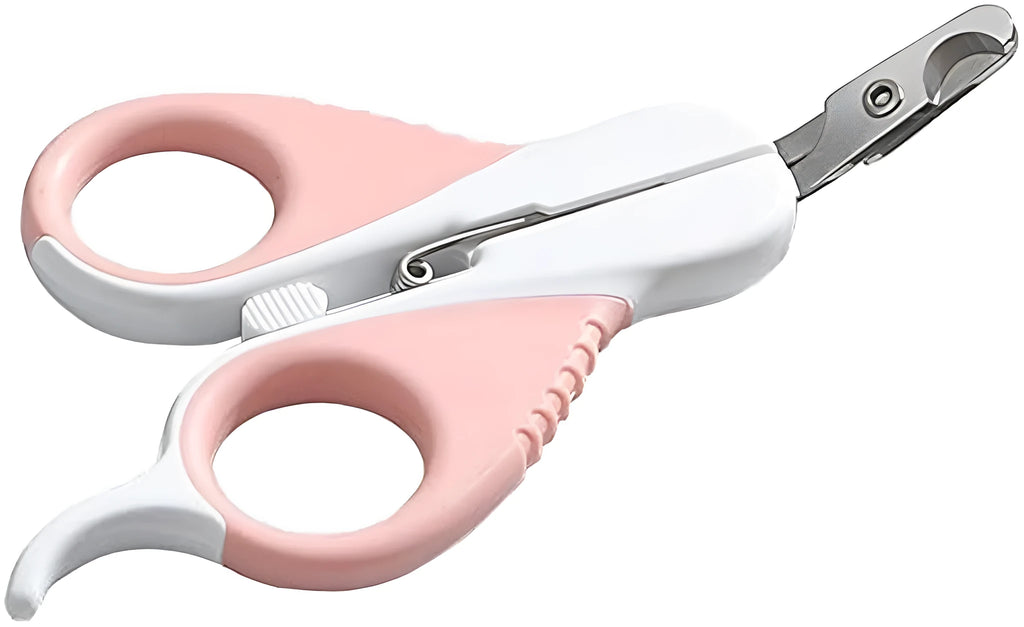 Grey and pink cat nail clippers with angled stainless steel blade and safety guard on a non-slip handle.