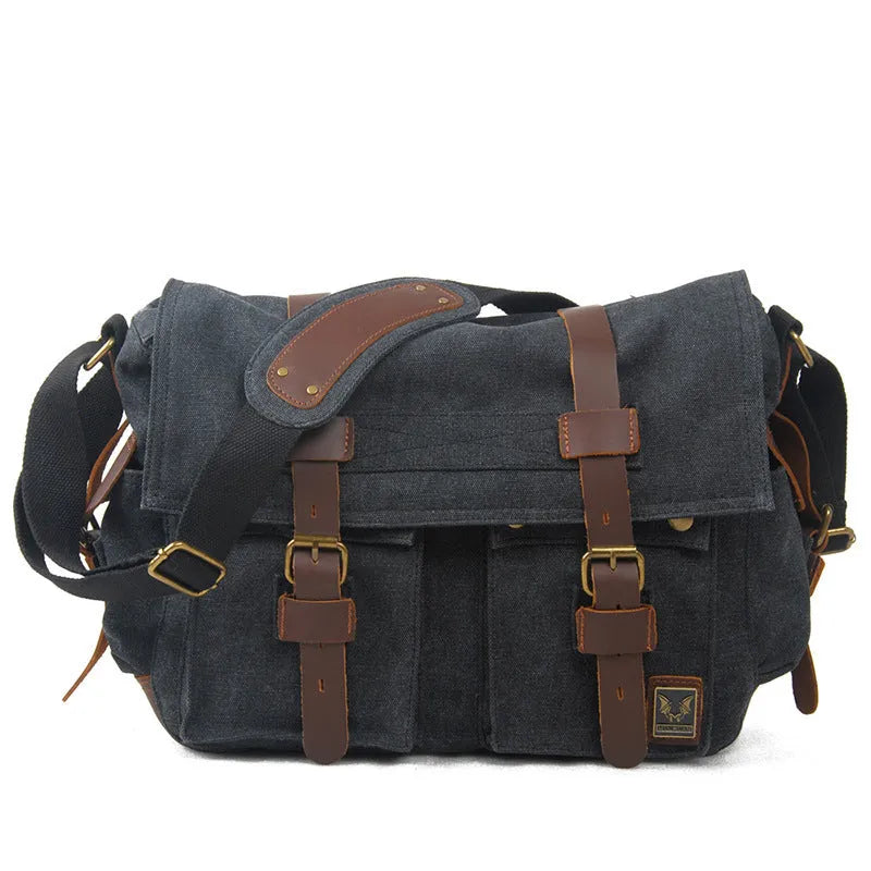 Men's canvas crossbody shoulder bag with cowhide trim in horizontal square shape