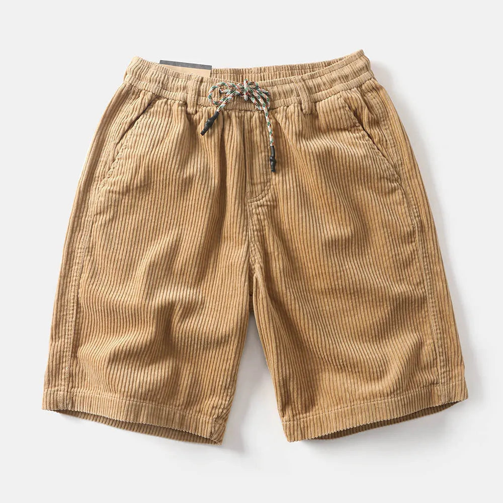 Men's khaki retro cargo shorts with straight leg and multiple pockets