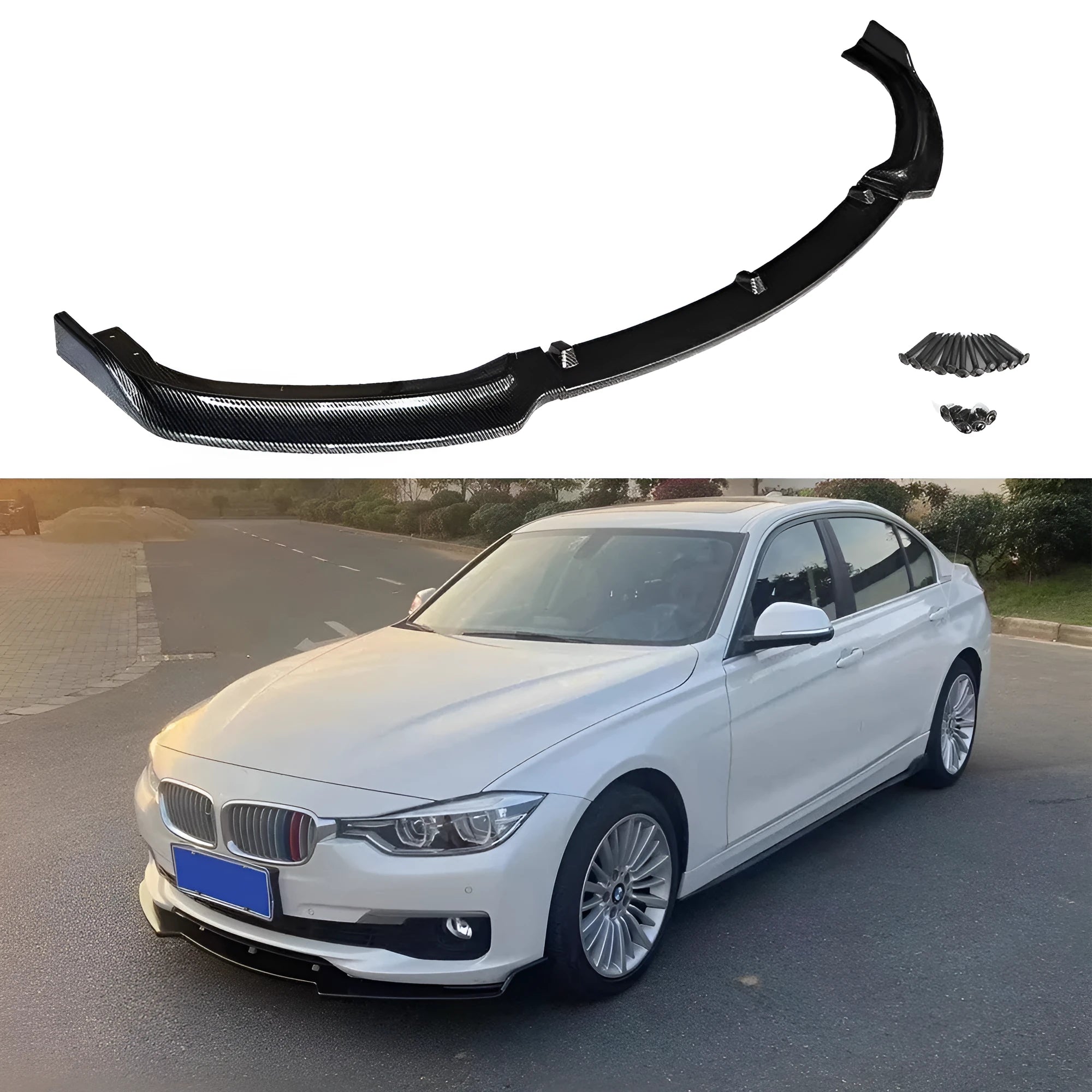 Black polypropylene front bumper lip spoiler for BMW 3 Series F30 F35, 96 cm long.