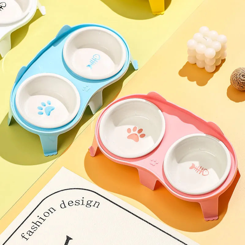 Ceramic cat food and water bowl set with tilted elevated stand in blue colour option