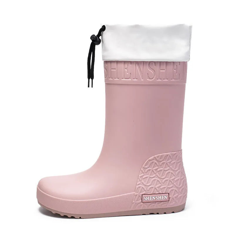 Women's non-slip PVC rain boots in apricot, black, brown and pink colours with wear-resistant soles