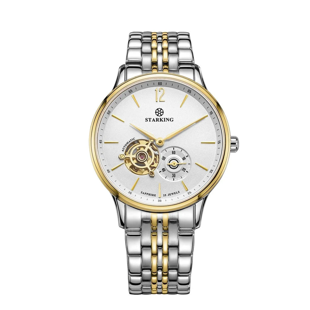 Men's automatic mechanical business watch with stainless steel case and brown leather strap