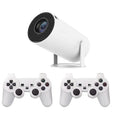 White X10 PLUS portable smart wall projection game machine with remote control and gamepad on dark surface