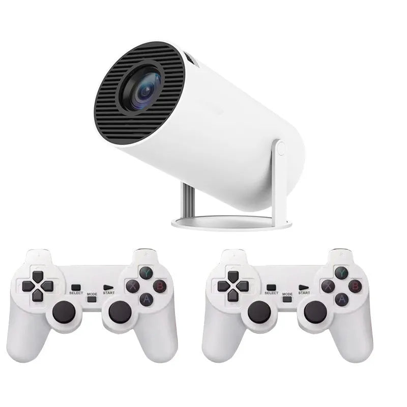 White X10 PLUS portable smart wall projection game machine with remote control and gamepad on dark surface