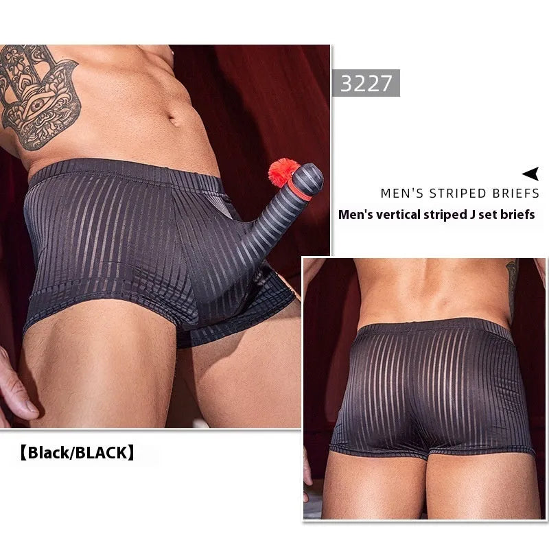 Men's striped nylon boxer briefs in black with vertical pattern design